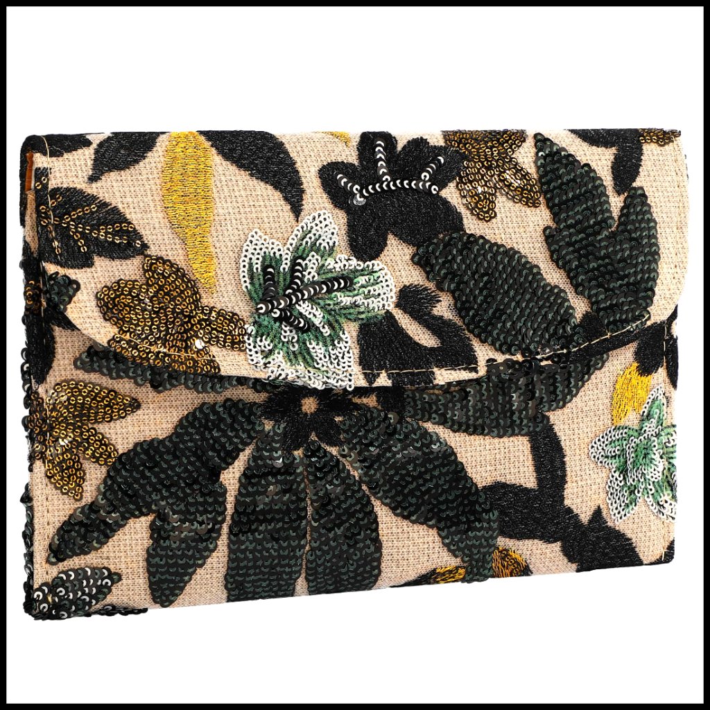 Floral Beaded Evening Clutch Elegant Sequin Embroidery Chain Strap Purse